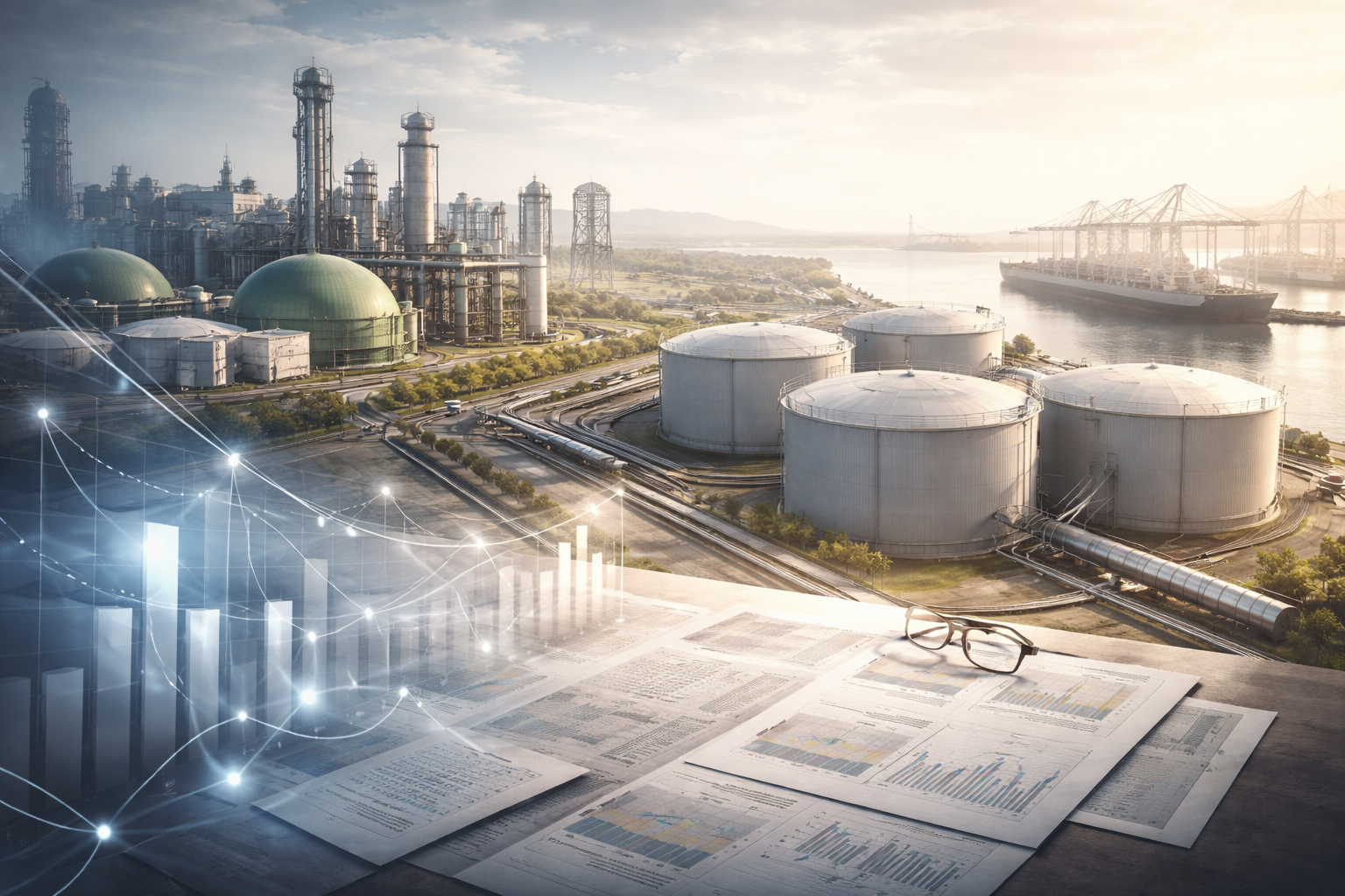 Infraestructura energética e industrial con gráficos financieros que representan la transformación del modelo PEIP en oportunidades de inversión reales.