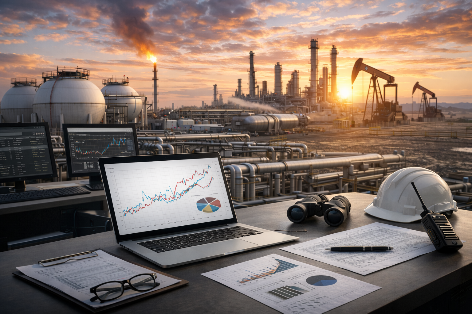 Análisis operativo y financiero de una instalación energética, con gráficos, documentación y equipos industriales en una planta de combustibles.